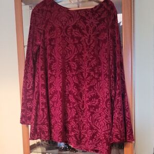 ECI Burgundy And Red Long Bell Sleeve Burn Out Top